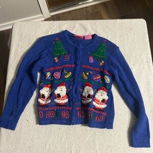 Festive Blue Kids Sweater with Santa and Tree Design